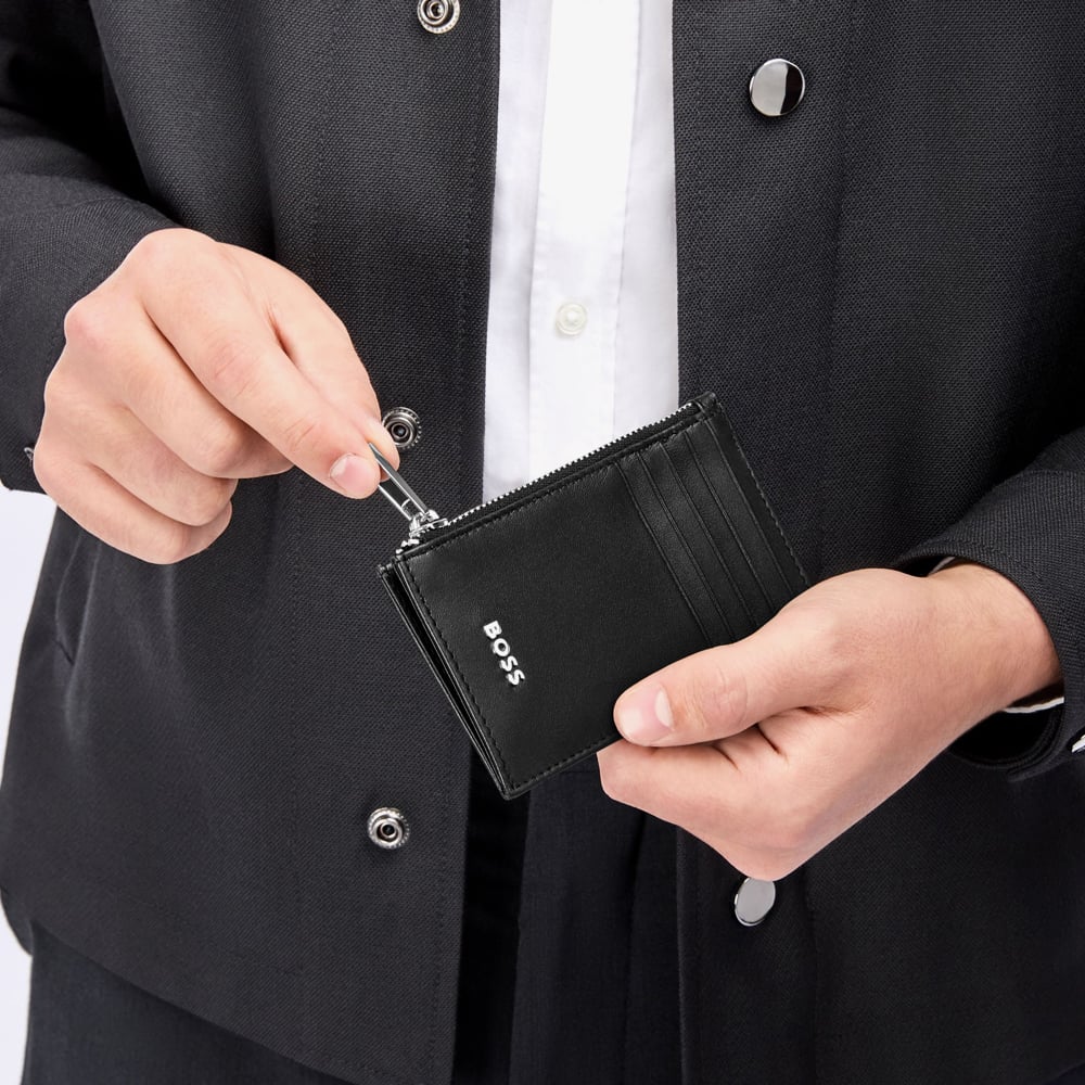 BOSS Classic Smooth Black Zip Card Holder Wallet HLK503A