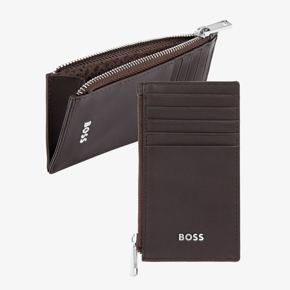 BOSS Classic Smooth Brown Zip Card Holder Wallet HLK503Y