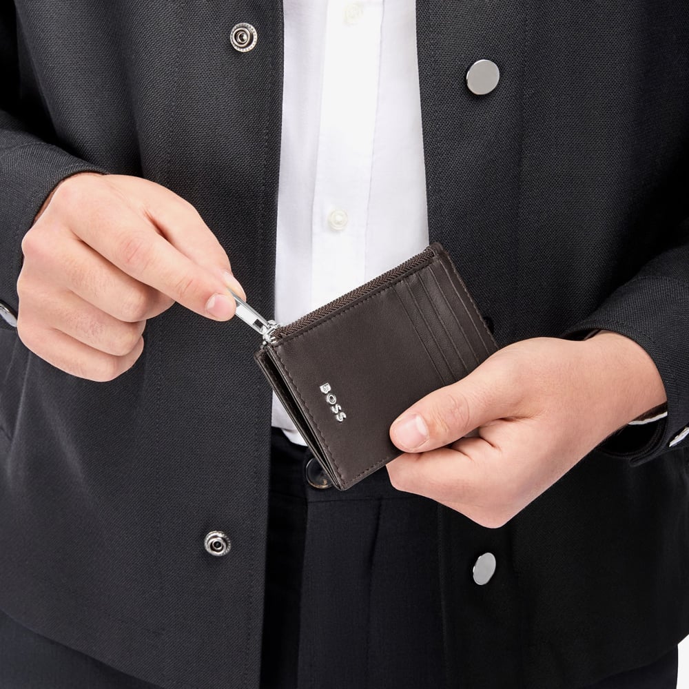 BOSS Classic Smooth Brown Zip Card Holder Wallet HLK503Y