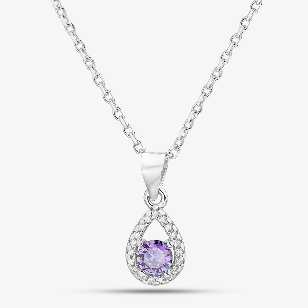 Silver Purple Cubic Zirconia Tear Drop Cluster Pendant Necklace E612282P PURP