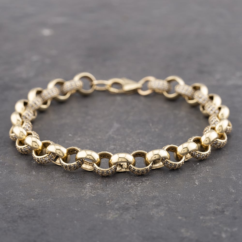 Product photograph of Pre-owned 9ct Yellow Gold Cubic Zirconia 8 Inch Belcher Chain Bracelet 41081164 from The Jewel Hut