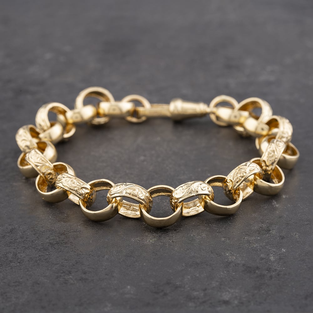 Product photograph of Pre-owned 9ct Yellow Gold Engraved And Plain Hula Hoop Style 9 Inch Belcher Chain Bracelet 41081171 from The Jewel Hut