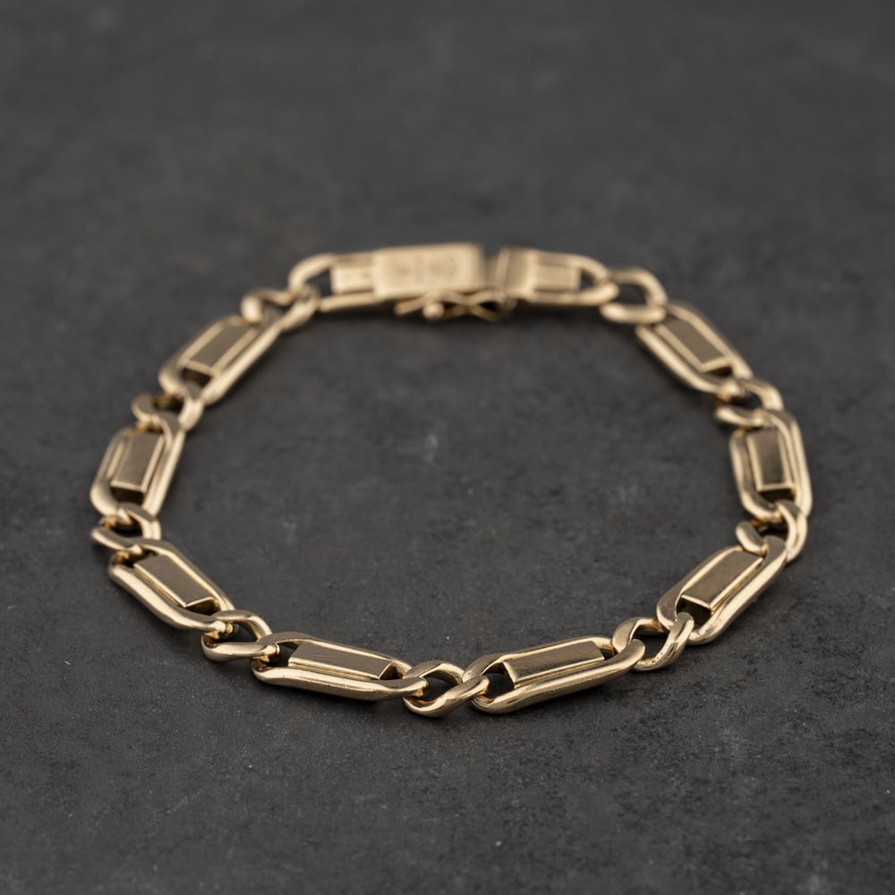 Pre-Owned 9ct Yellow Gold Bar &amp; Curb 8 Inch Flat Link Chain Bracelet 41081305