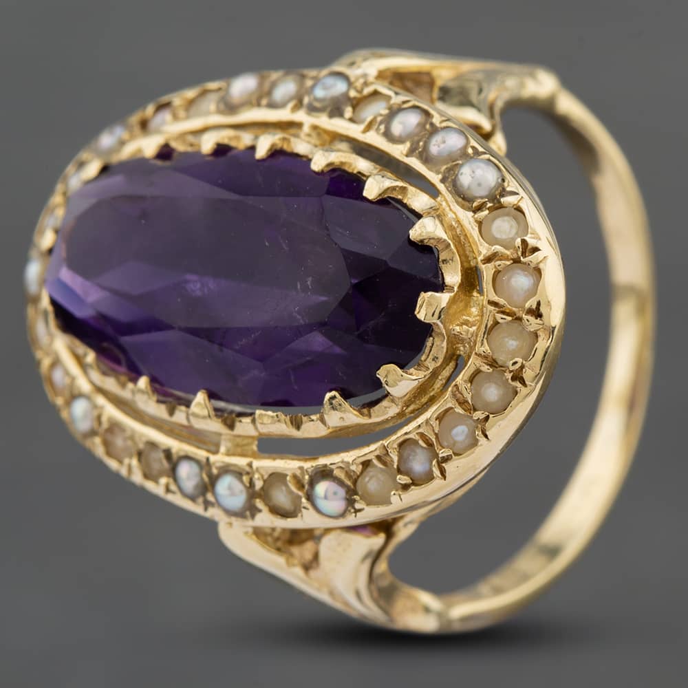Product photograph of Pre-owned 9ct Yellow Gold Amethyst Amp Seed Pearl Large Oval Cluster Ring 41101176 from The Jewel Hut