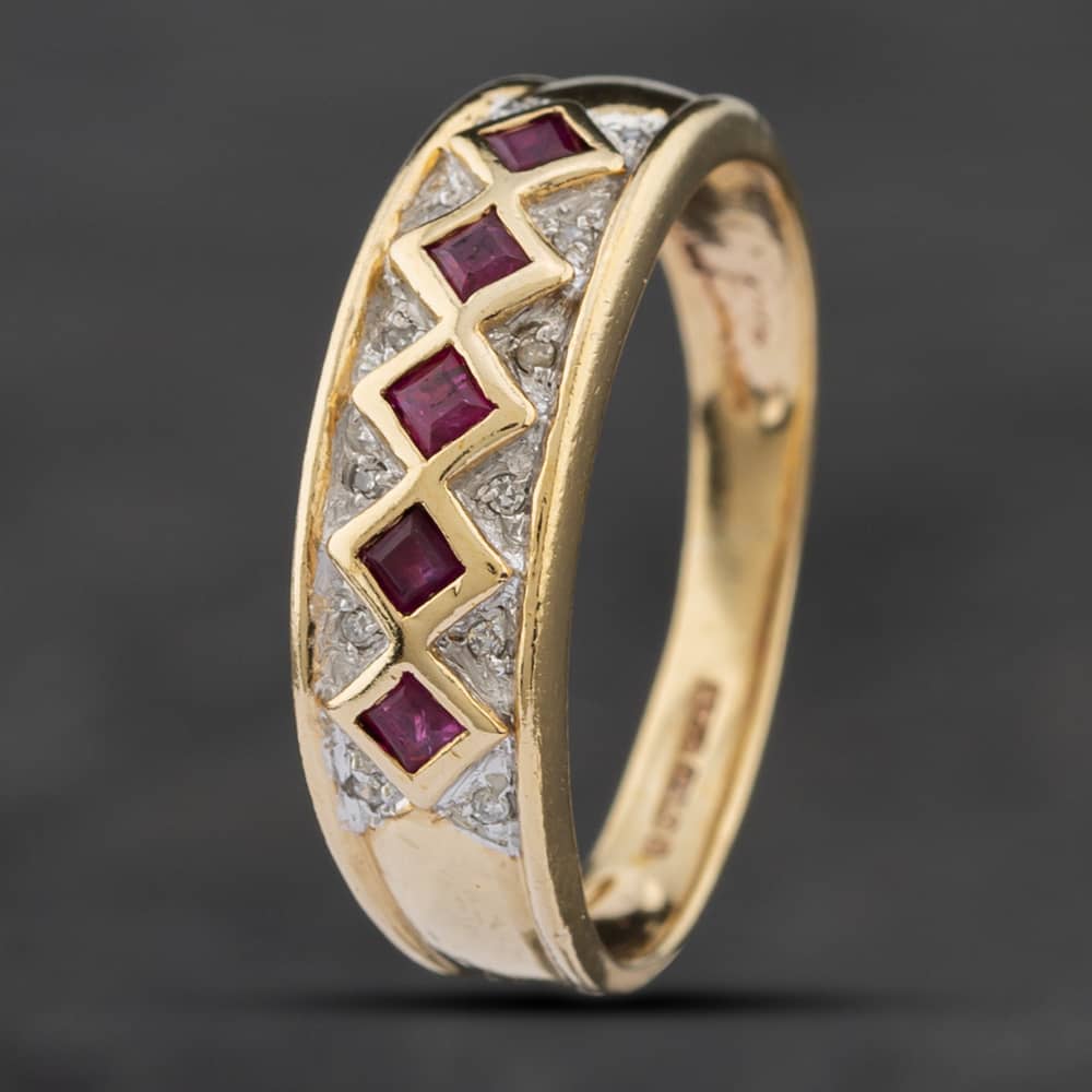 Product photograph of Pre-owned 9ct Yellow Gold Ruby Amp Cubic Zirconia Three Row Dress Ring 41101993 from The Jewel Hut