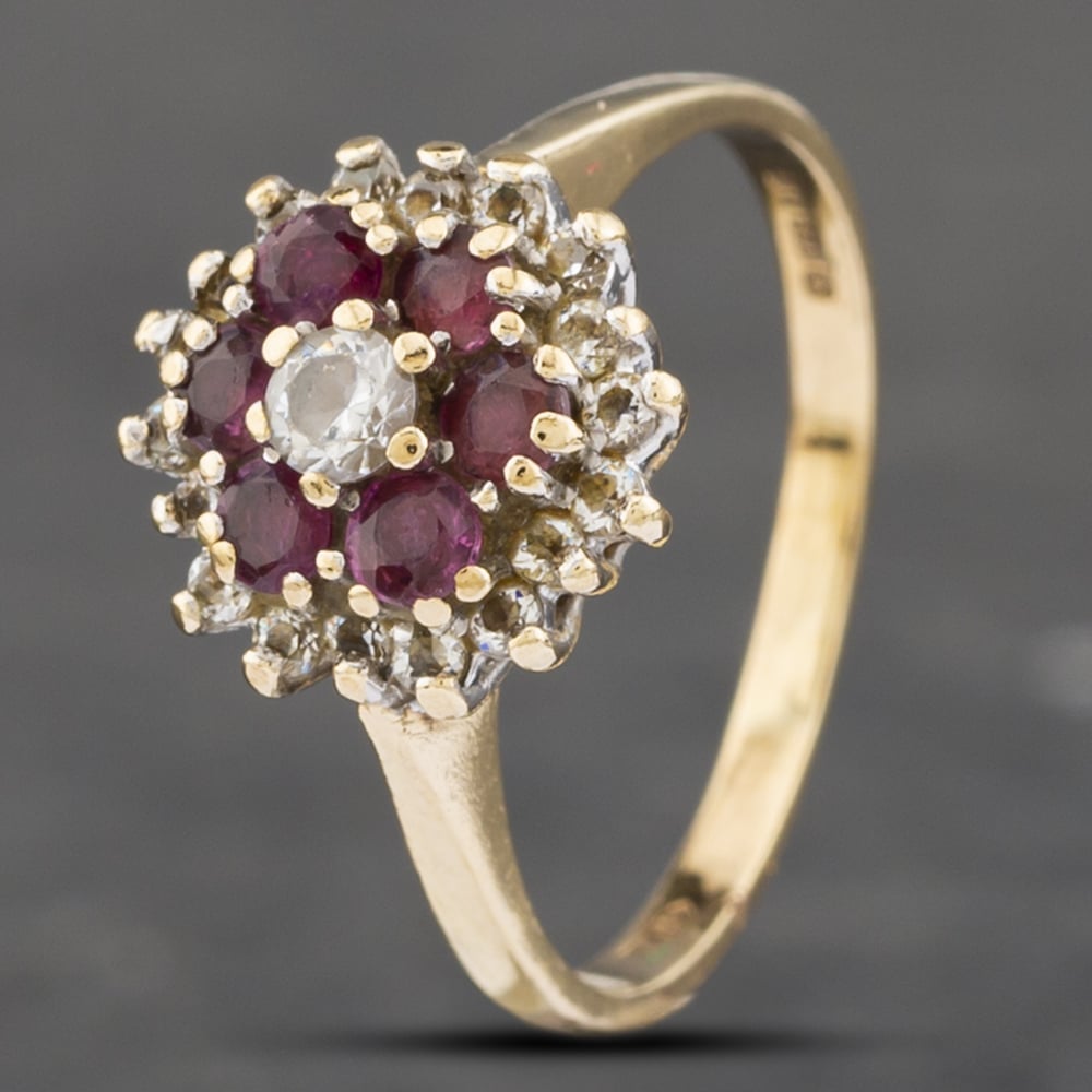 Product photograph of Pre-owned 9ct Yellow Gold Ruby Amp Cubic Zirconia Round Cluster Ring 41102423 from The Jewel Hut