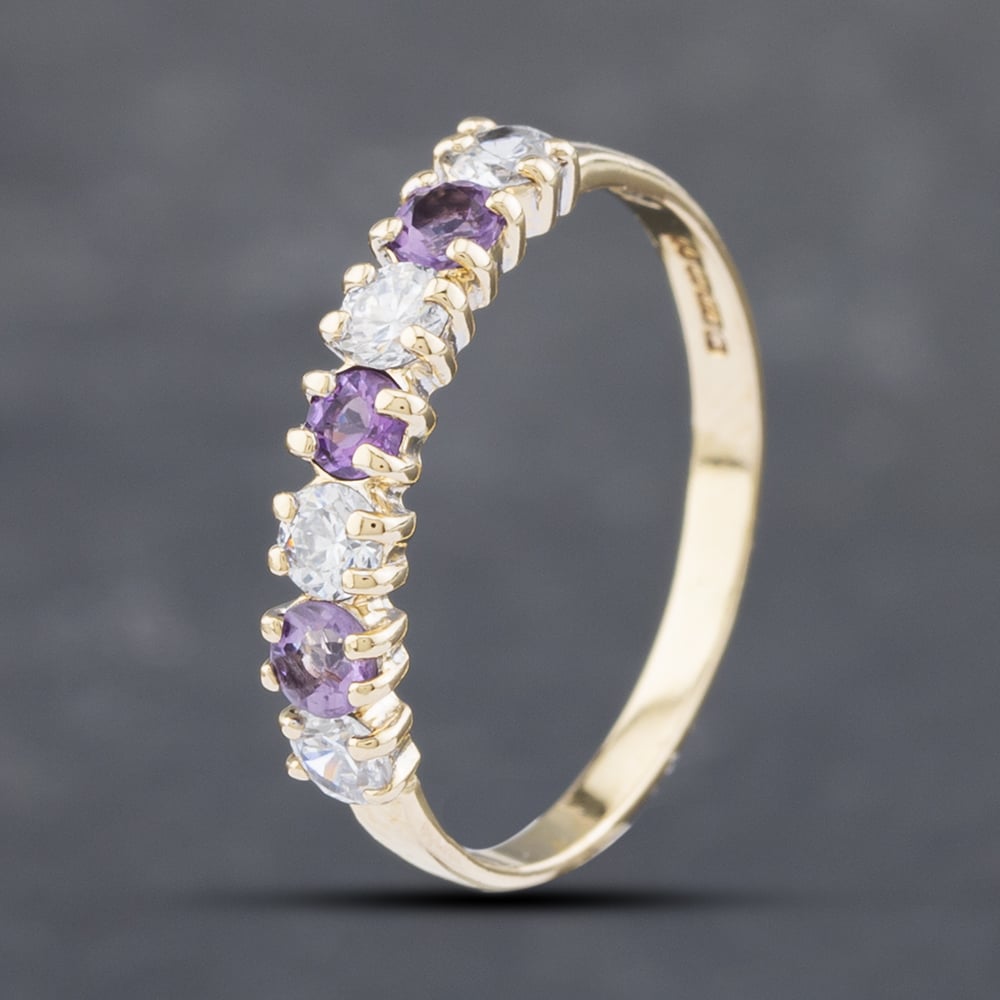 Product photograph of Pre-owned 9ct Yellow Gold Amethyst Amp Cubic Zirconia Half Eternity Ring 41102589 from The Jewel Hut