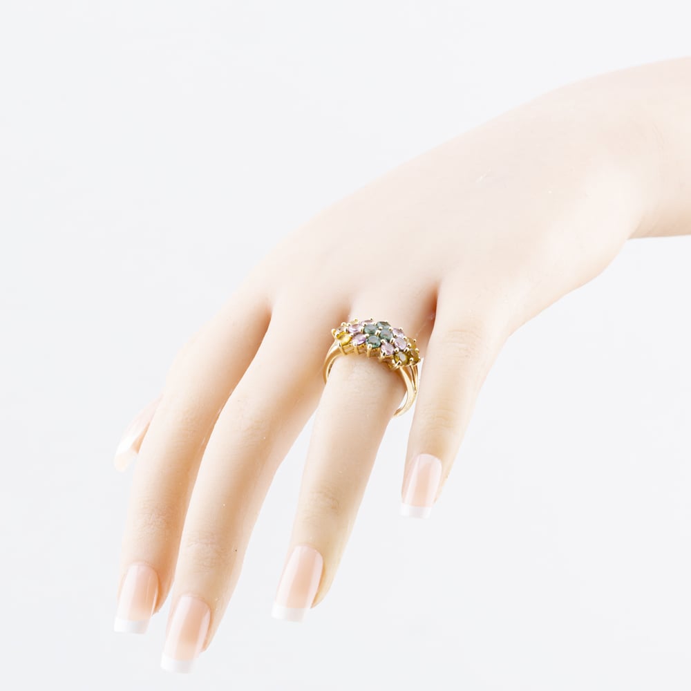 Pre-Owned 9ct Yellow Gold Green, Pink & Yellow Multi Stone Three Row Cluster Ring 41104571