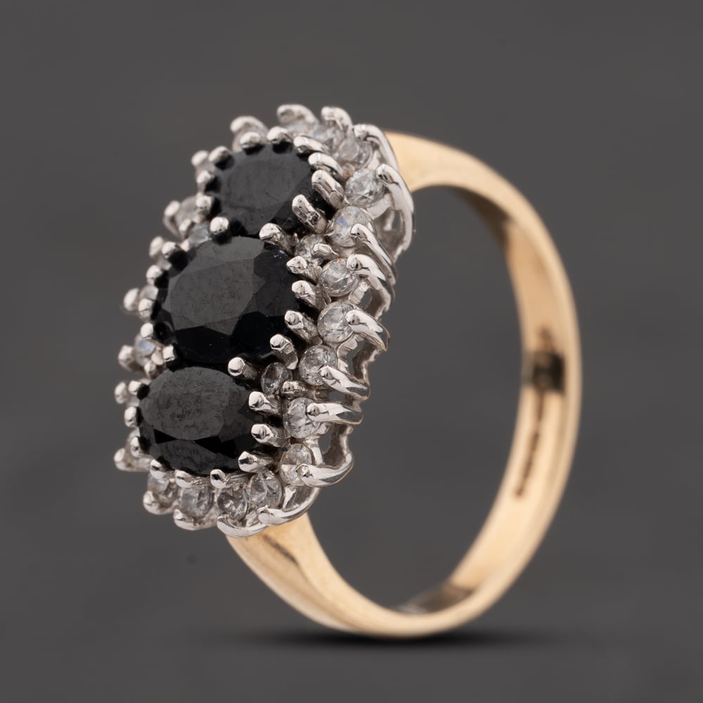 Pre-Owned 9ct Yellow Gold Sapphire &amp; Cubic Zirconia Triple Cluster Ring 41104806