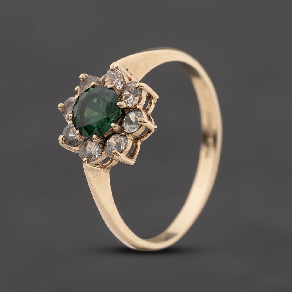Pre-Owned 9ct Yellow Gold Green And White Synthetic Spinel Flower Cluster Ring 41104809