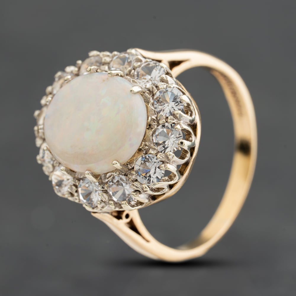 Pre-Owned 9ct Yellow Gold Opal &amp; White Spinels Large Oval Cluster Ring 41104814