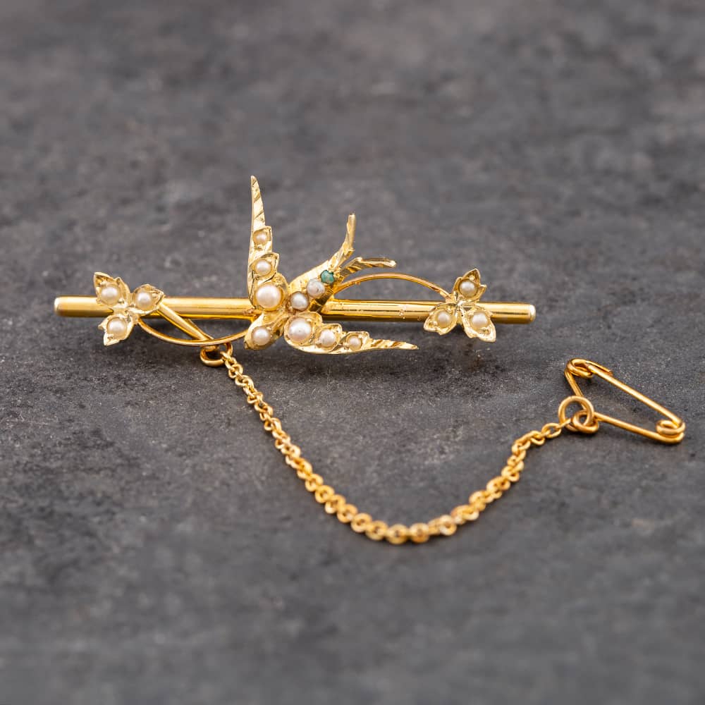 Product photograph of Pre-owned Vintage Yellow Gold Turquoise Amp Seed Pearl Bird Brooch 41131047 from The Jewel Hut