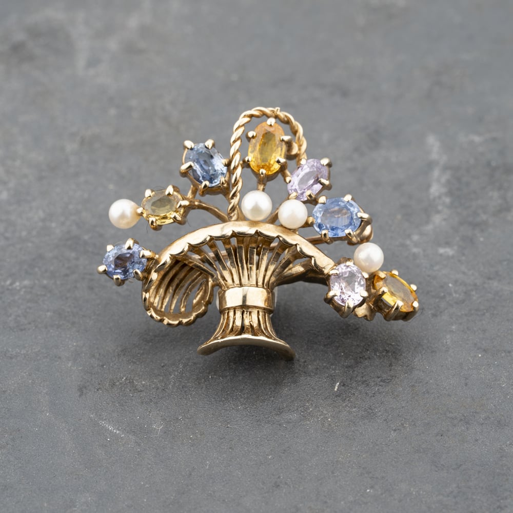 Pre-Owned 9ct Yellow Gold Multi-Colour Sapphire &amp; Pearl Flower Basket Brooch 41131150
