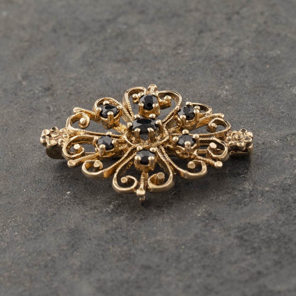 Pre-Owned 9ct Yellow Gold Sapphire Ornate Brooch 41131169