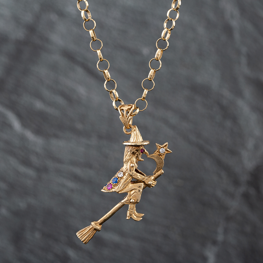 Product photograph of Pre-owned 9ct Yellow Gold Cubic Zirconia Witch On Broom Pendant Amp 20 Inch Belcher Chain 41141752 from The Jewel Hut