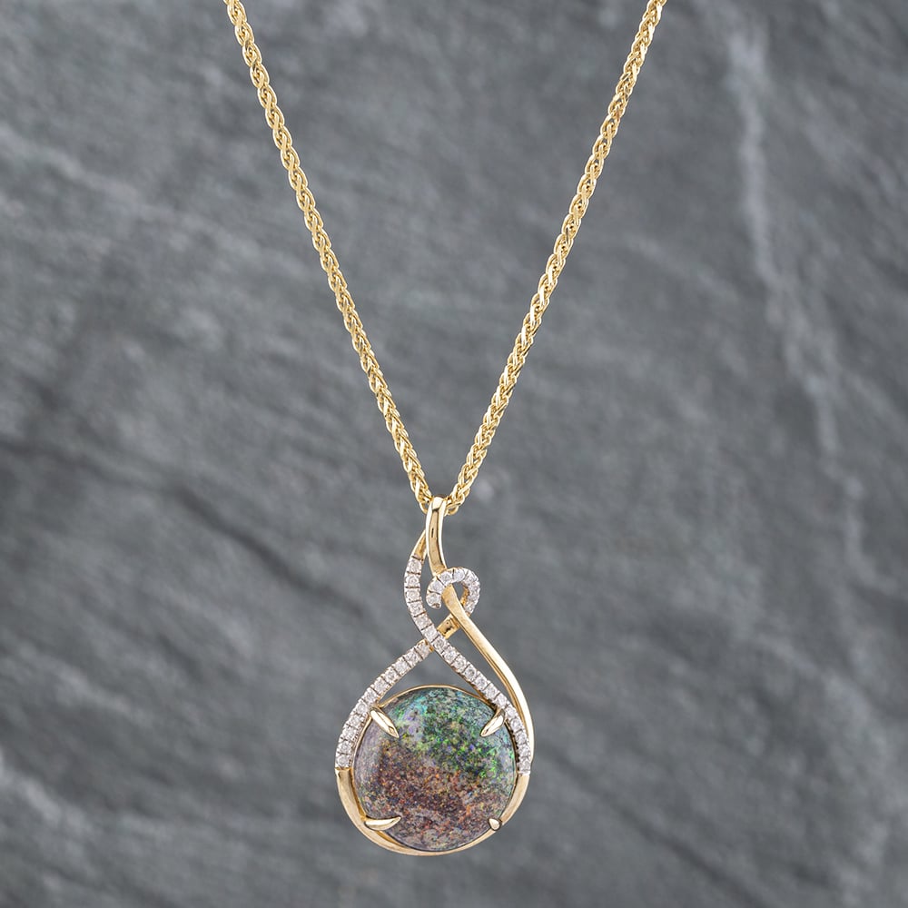Product photograph of Pre-owned 9ct Yellow Gold Black Opal Amp Diamond Gemstone Pendant Amp 16 Inch Foxtail Chain 41142089 from The Jewel Hut