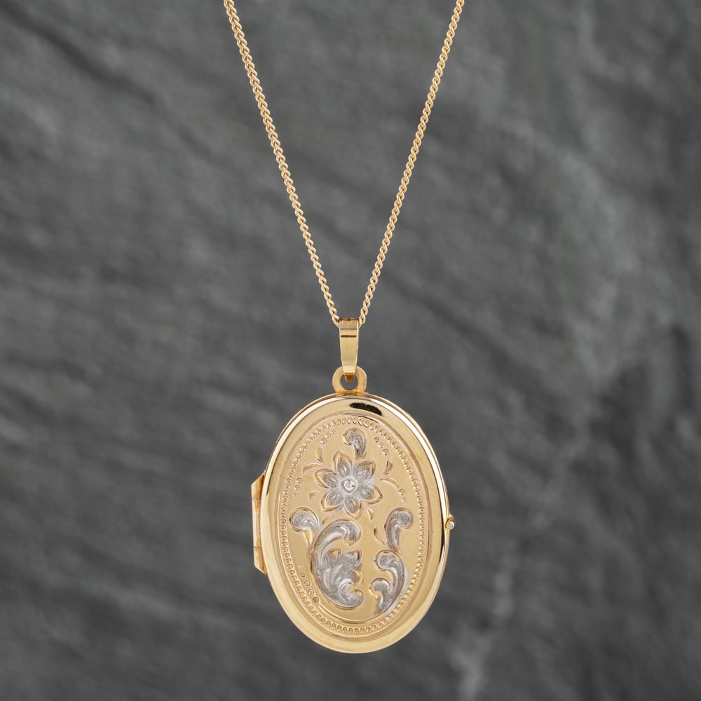 Click to view product details and reviews for Pre Owned 9ct Two Colour Gold Oval Flower Design Locket Pendant And 18 Inch Curb Chain 41142405. Click to view product details and reviews for Pre Owned 9ct Two Colour Gold Oval Flower Design Locket Pendant And 18 Inch Curb Chain 41142405.