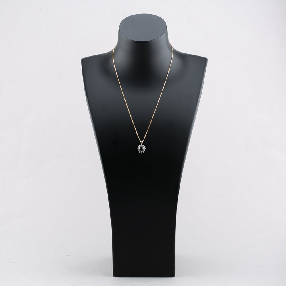 Pre-Owned 9ct Two Colour Gold 0.07ct Sapphire & Diamond Oval Centre Flower Shape Cluster Pendant & 18 Inch Curb Chain 41142459