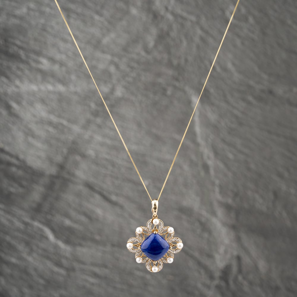 Pre-Owned 9ct Yellow Gold Lapis Lazuli & 0.12ct Diamond & Cultured Pearl Decorative Victorian Style Pendant & 18 Inch Curb Chain 41142472