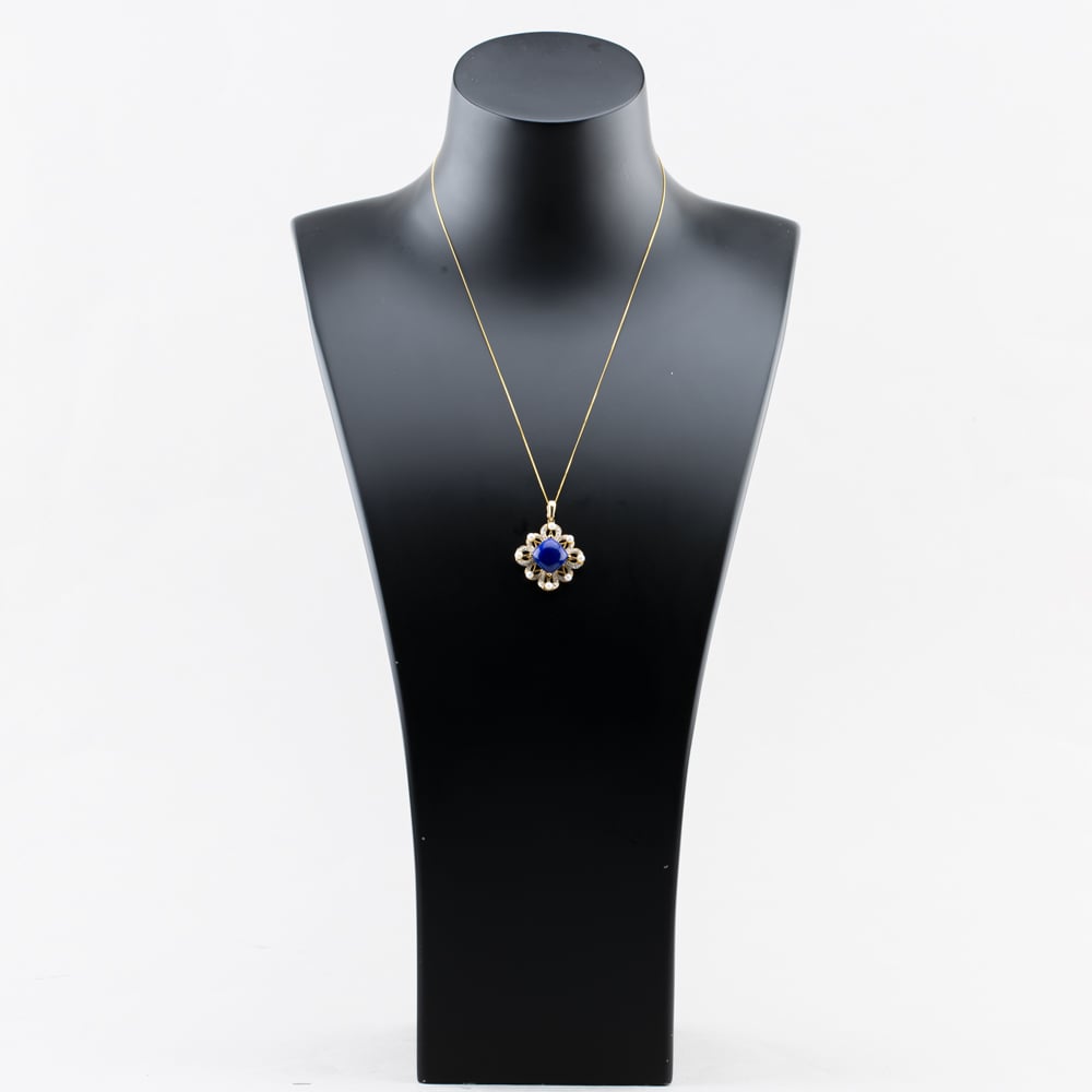 Pre-Owned 9ct Yellow Gold Lapis Lazuli & 0.12ct Diamond & Cultured Pearl Decorative Victorian Style Pendant & 18 Inch Curb Chain 41142472