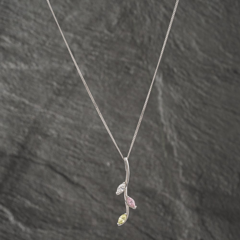 Pre-Owned 9ct White Gold White, Pink And Green Cubic Zirconia Branch And Leaf Pendant &amp; 18 Inch Curb Chain 41142528