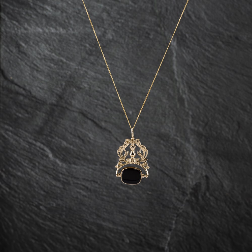 Pre-Owned 9ct Two Colour Gold Clogau Onyx And Dragon Marked Swivel Fob Pendant &amp; 18 Inch Curb Chain 41142798