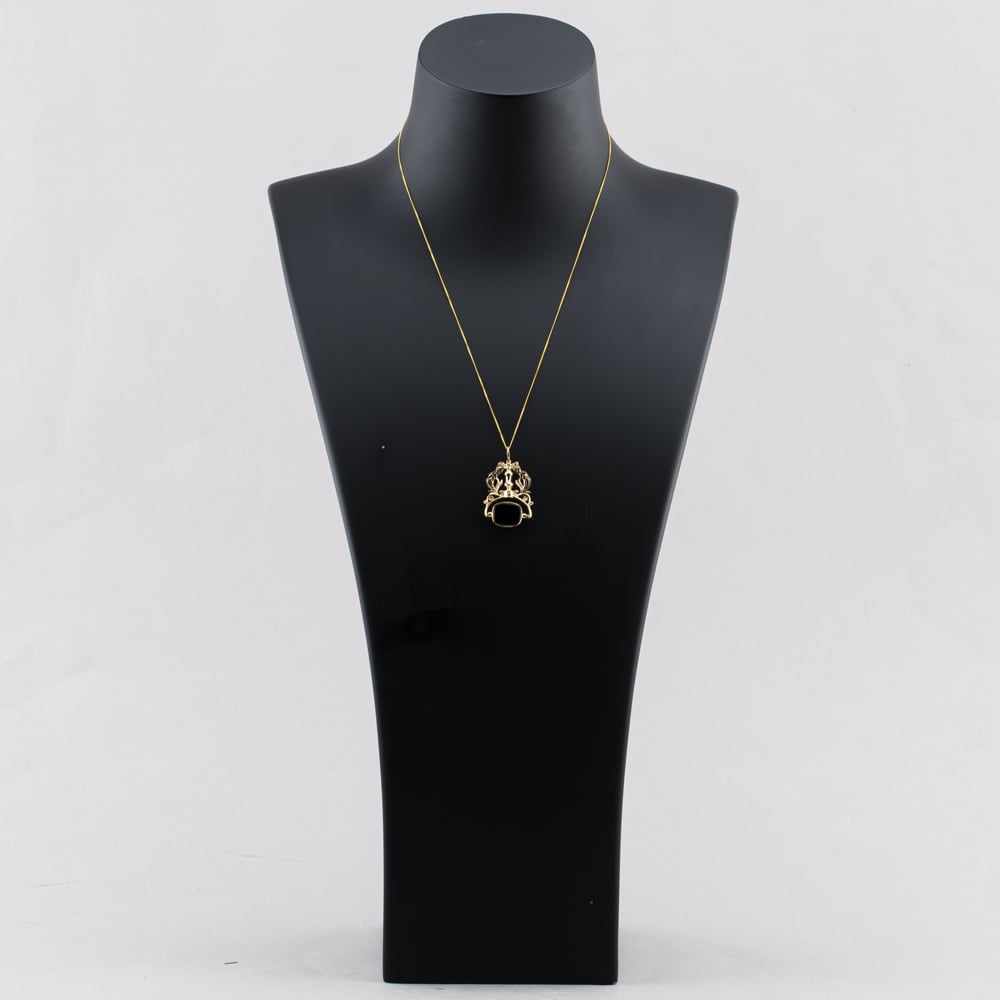 Pre-Owned 9ct Two Colour Gold Clogau Onyx And Dragon Marked Swivel Fob Pendant & 18 Inch Curb Chain 41142798