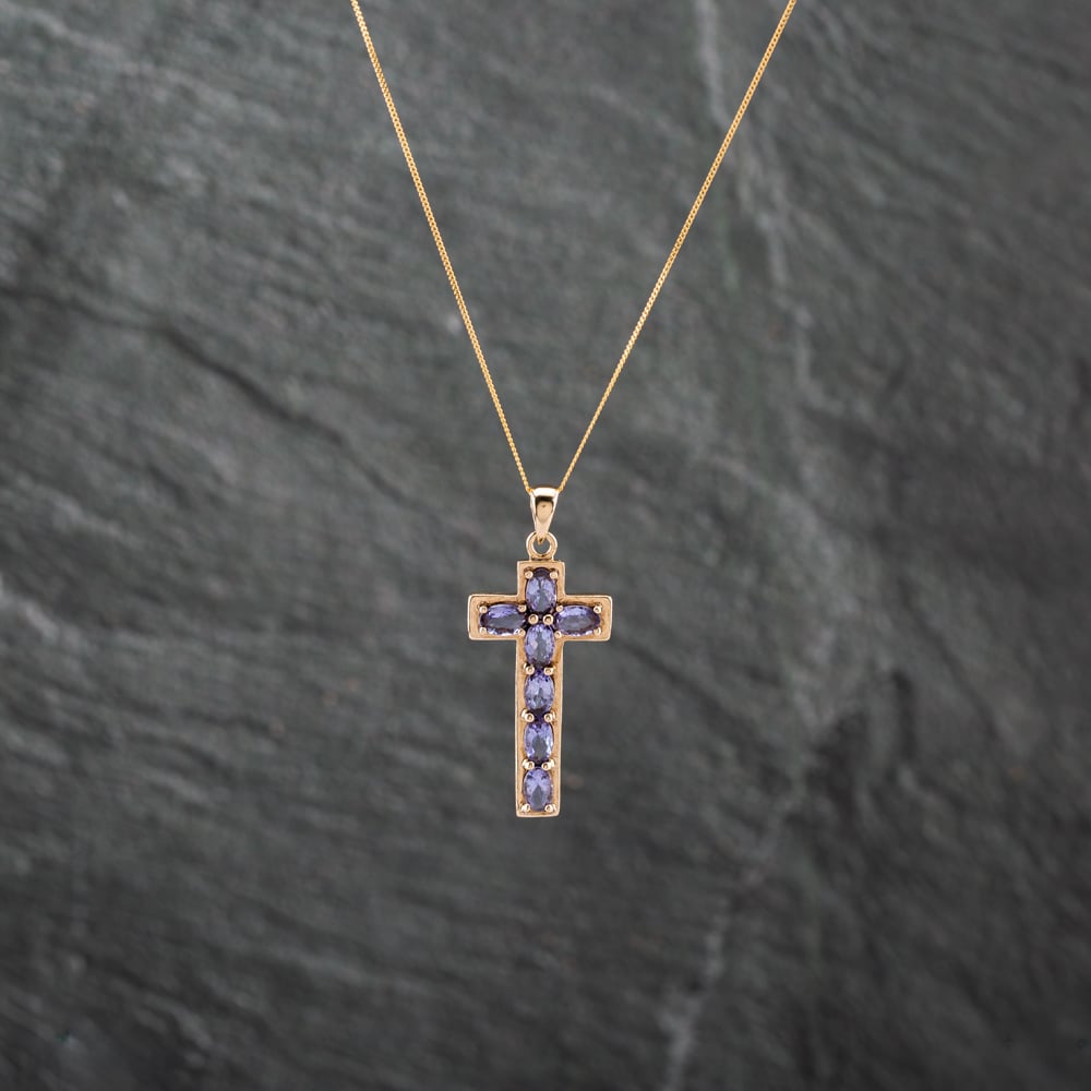 Pre-Owned 9ct Yellow Gold Lolite Cross Pendant &amp; 18 Inch Curb Chain 41142890