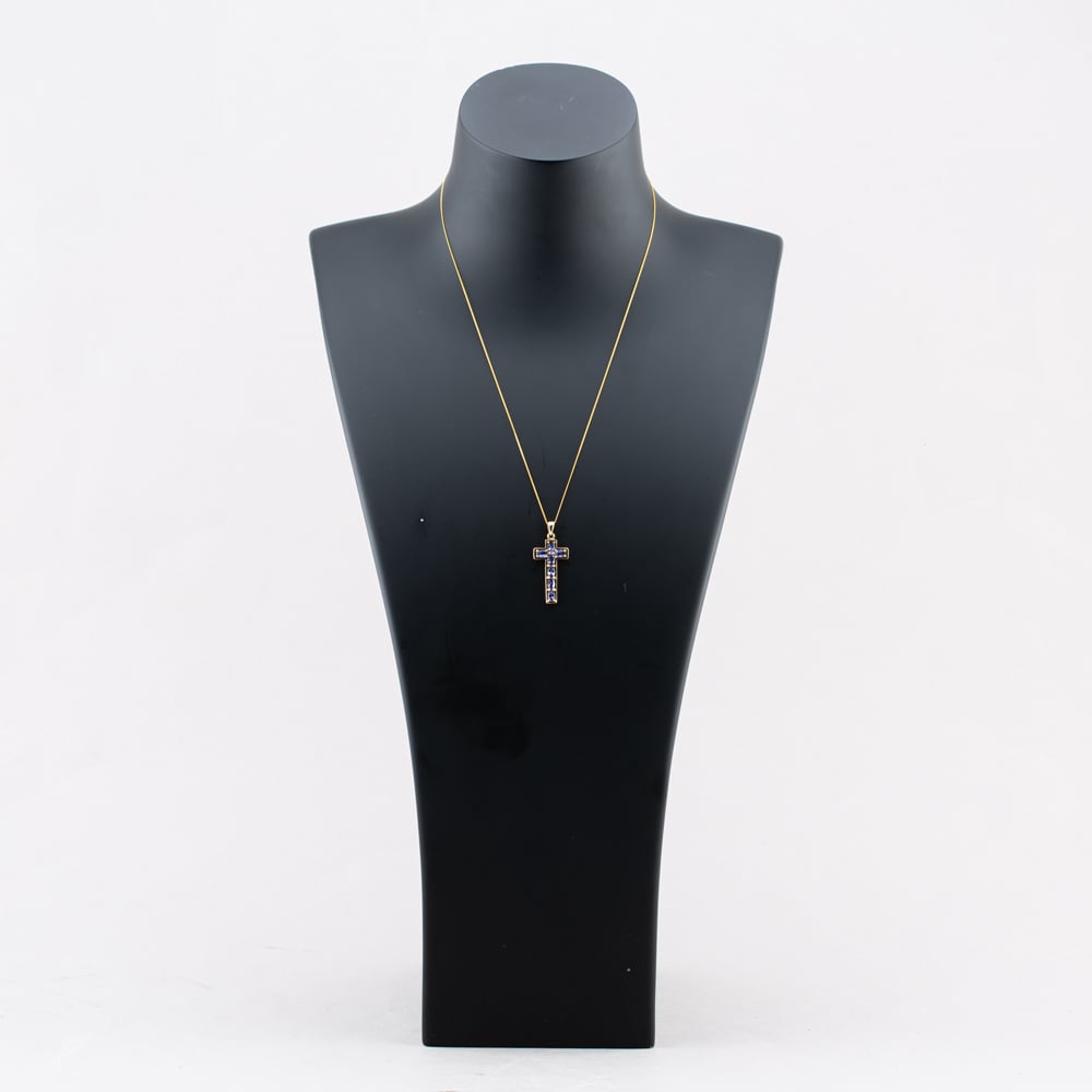 Pre-Owned 9ct Yellow Gold Lolite Cross Pendant & 18 Inch Curb Chain 41142890