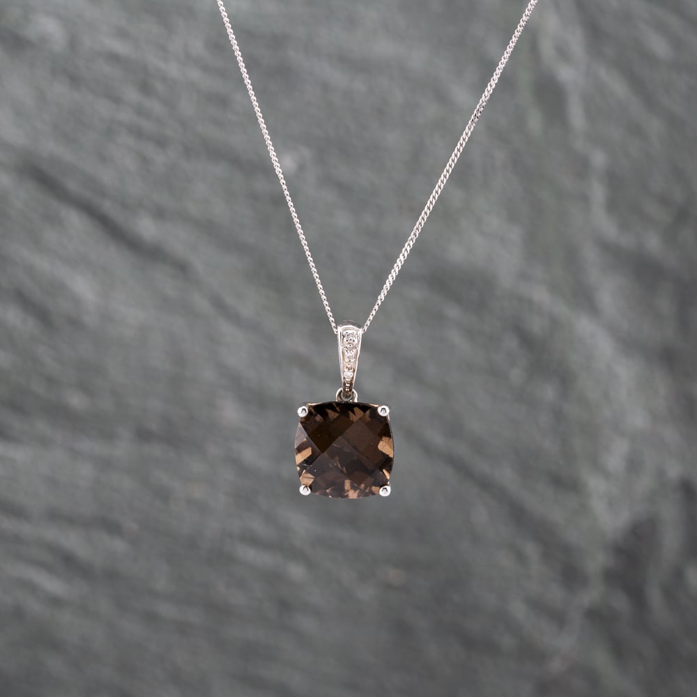 Pre-Owned 9ct White Gold Smoky Quartz &amp; Diamond Cushion Shaped Pendant &amp; 18 Inch Curb Chain 41142891