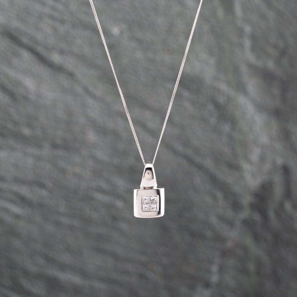 Click to view product details and reviews for Pre Owned 18ct White Gold 025ct Princess Cut Diamond Square Four Stone Pendant And 18 Inch Curb Chain 41142893.