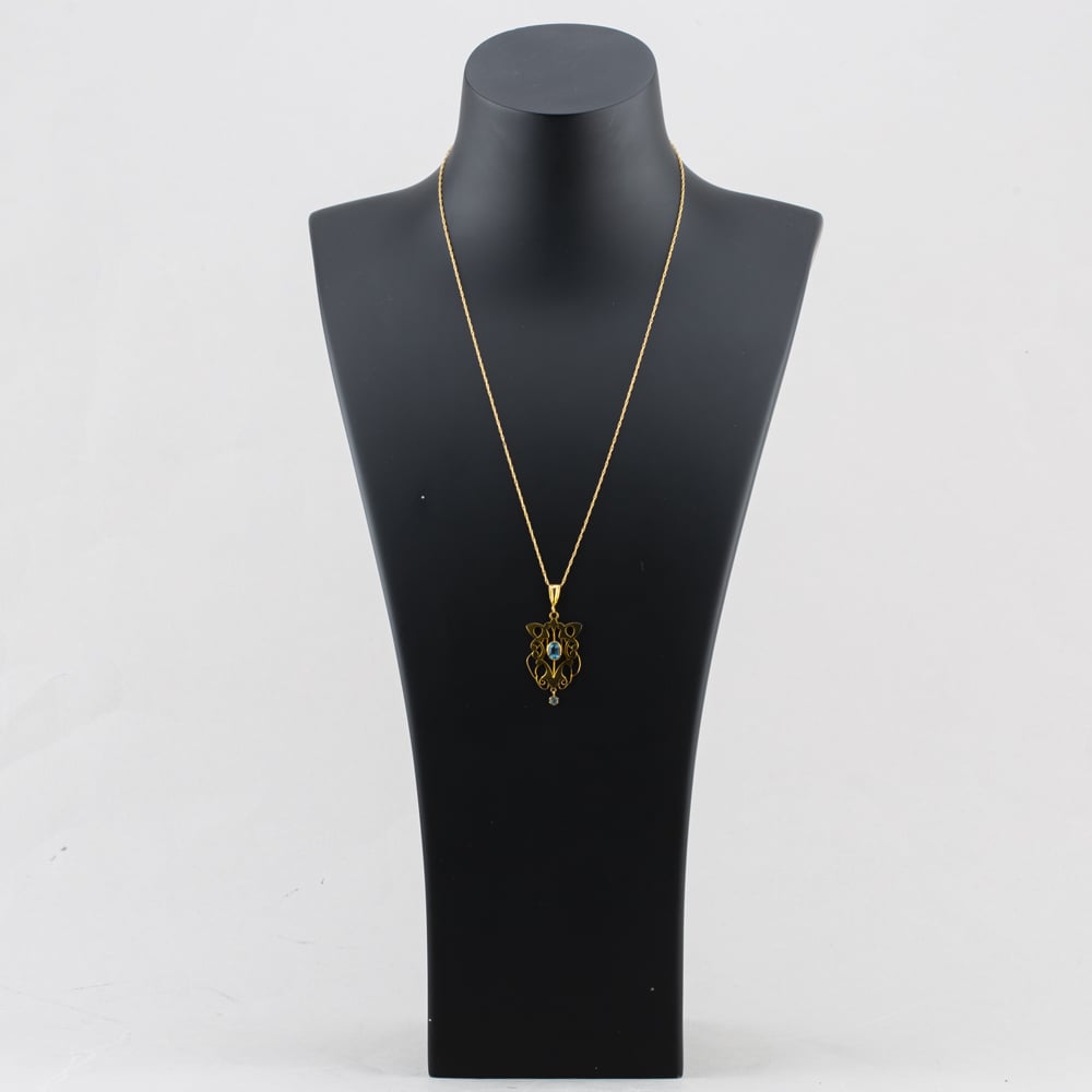 Pre-Owned Vintage Yellow Gold Aquamarine Decorative Openwork Dropper Pendant & 20 Inch Prince Of Wales Chain 41142951