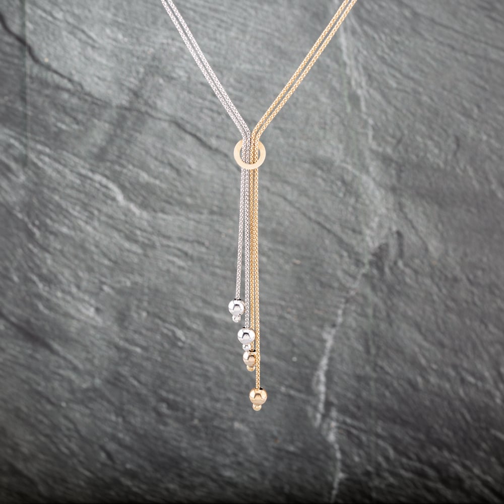 Pre-Owned 9ct Two Colour Gold Bead Dropper Pendant &amp; 18 Inch Snake Chain 41143075
