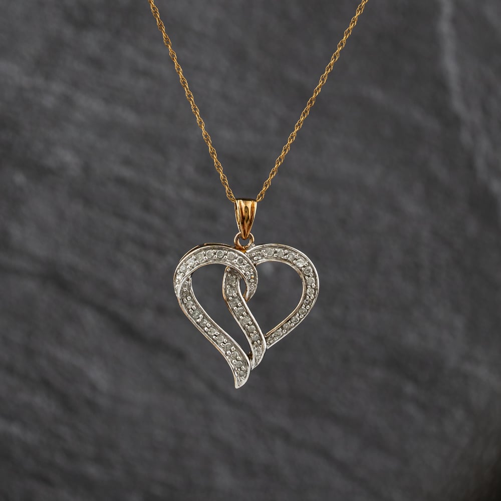 Pre-Owned 9ct Two Colour Gold 0.25ct Diamond Set Open Heart Pendant &amp; 18 Inch Prince Of Wales Chain 41143344