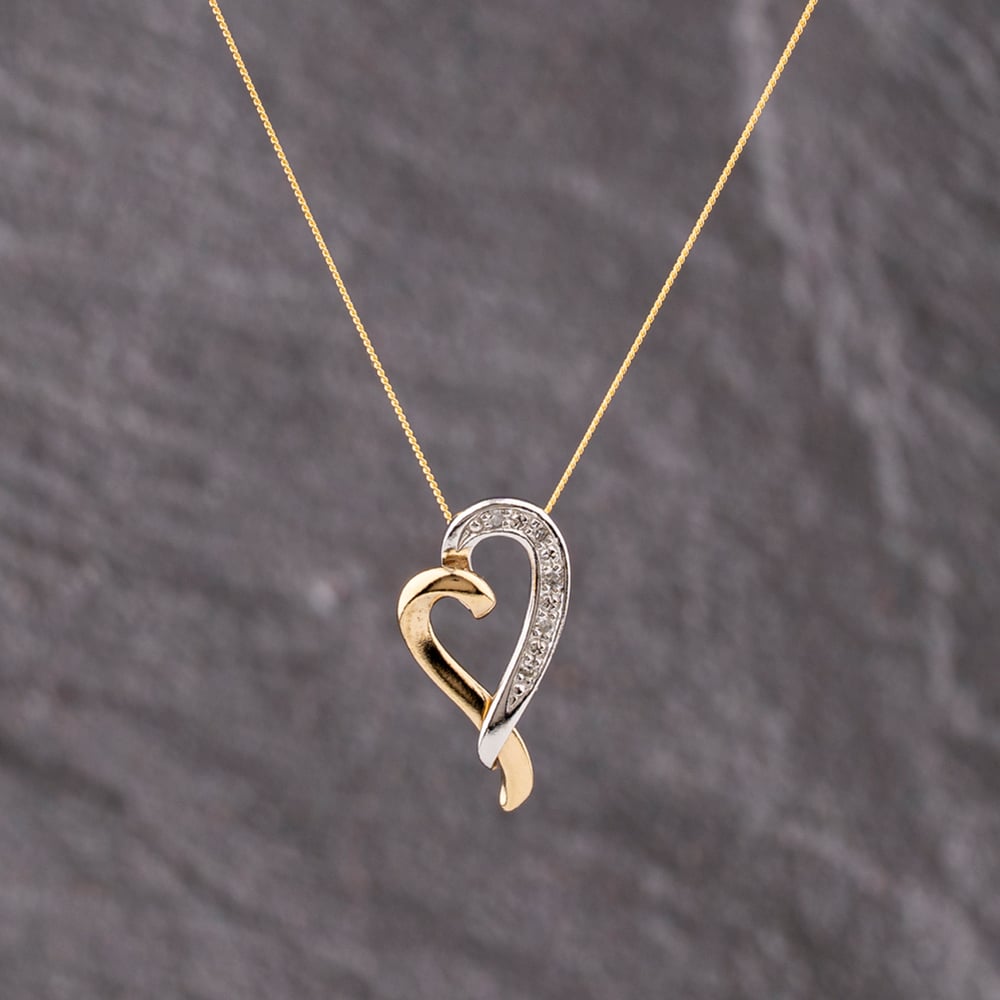 Pre-Owned Two Colour Gold Diamond Open Heart Pendant &amp; 18 Inch Curb Chain 41143371
