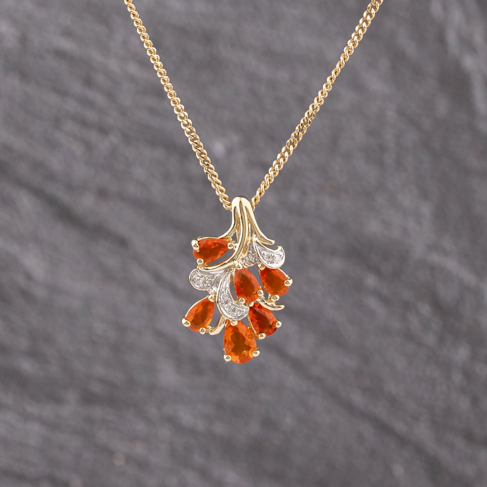 Pre-Owned 9ct Two Colour Gold Fire Opal &amp; 0.04ct Diamond Cluster Pendant &amp; 24 Inch Curb Chain 41143375