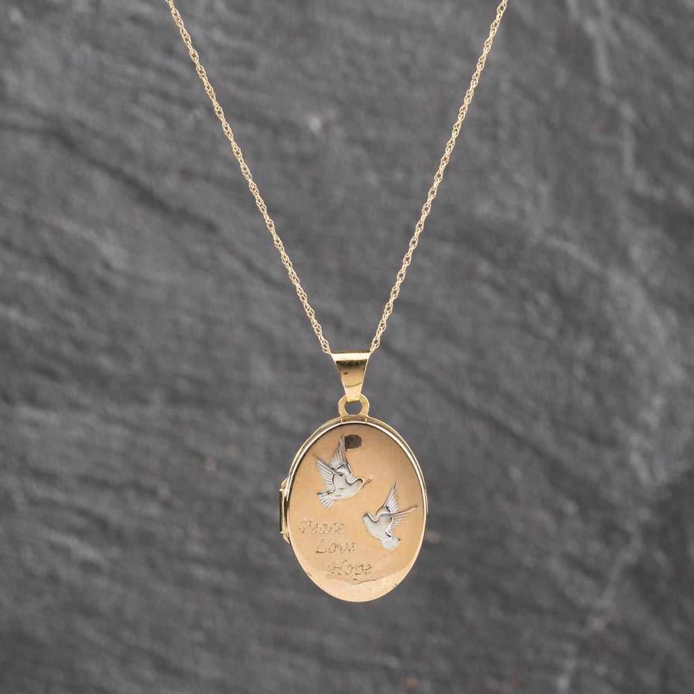 Pre-Owned 9ct Two Colour Gold Oval Peace Love And Hope Birds Locket Pendant &amp; 18 Inch Prince Of Wales Chain 41143392