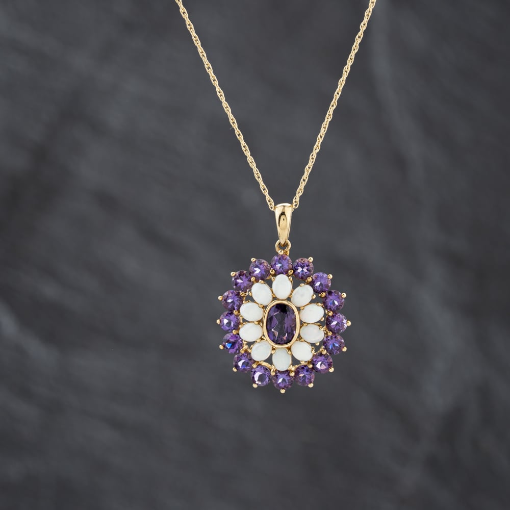 Pre-Owned 9ct Yellow Gold Amethyst &amp; Opal Halo Cluster Pendant &amp; 18 Inch Prince Of Wales Chain 41143398
