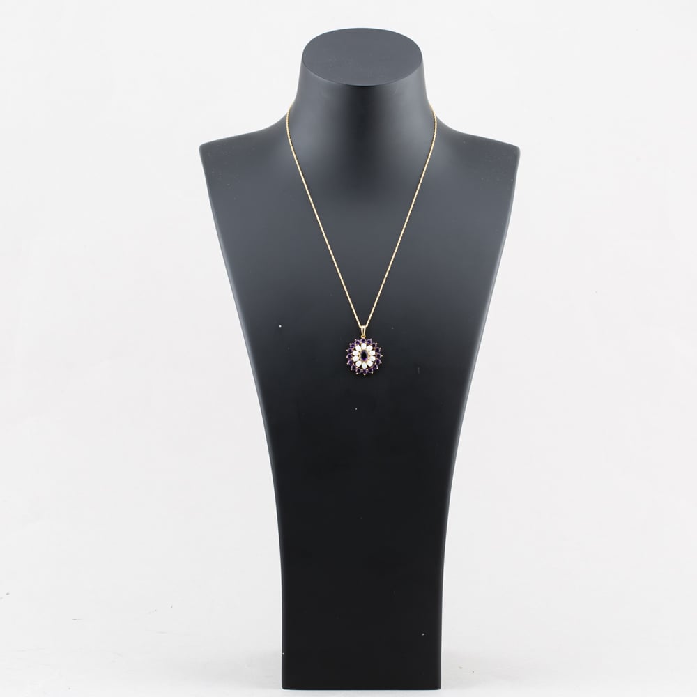 Pre-Owned 9ct Yellow Gold Amethyst & Opal Halo Cluster Pendant & 18 Inch Prince Of Wales Chain 41143398