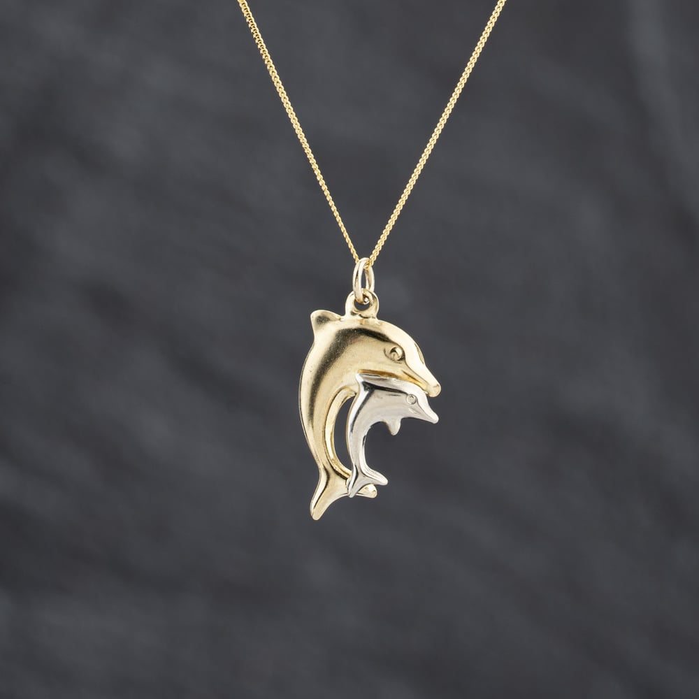 Pre-Owned 9ct Two Colour Gold Mother And Baby Dolphin Pendant &amp; 18 Inch Curb Chain 41143422