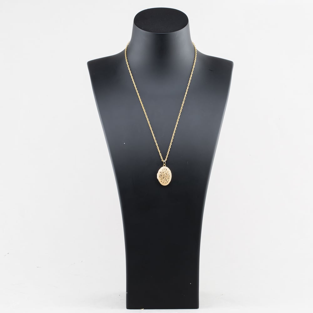 Pre-Owned 9ct Yellow Gold Patterned Oval Locket Pendant & 20 Inch Prince Of Wales Chain 41143555