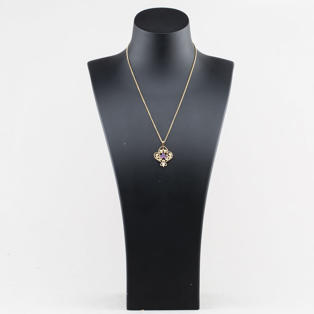 Pre-Owned 9ct Yellow Gold Amethyst Set Pendant & 18 Inch Curb Chain 41143571