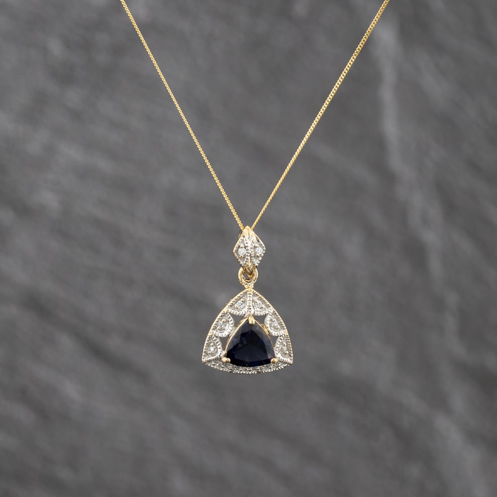 Pre-Owned 9ct Two Colour Gold Iolite &amp; White Zircon Triangular Pendant &amp; 18 Inch Curb Chain 41143632