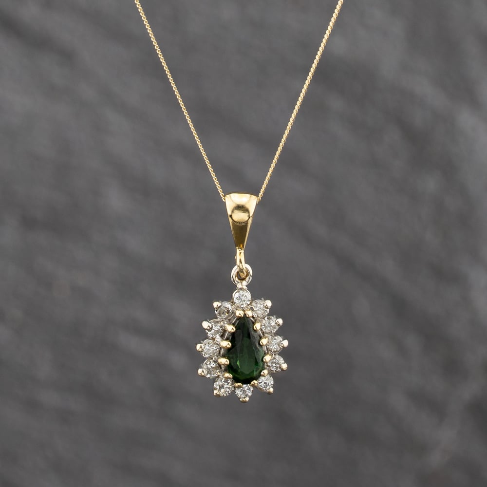Pre-Owned 18ct Yellow Gold Green Garnet &amp; 0.36ct Diamond Tear Drop Pendant &amp; 18 Inch Curb Chain 41143634
