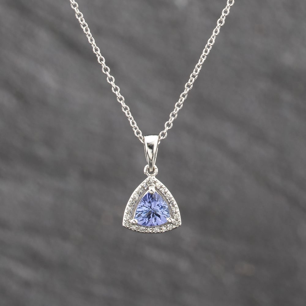 Pre-Owned White Gold Tanzanite &amp; 0.08ct Diamond Halo Cluster Pendant &amp; 18 Inch Trace Chain 41143642