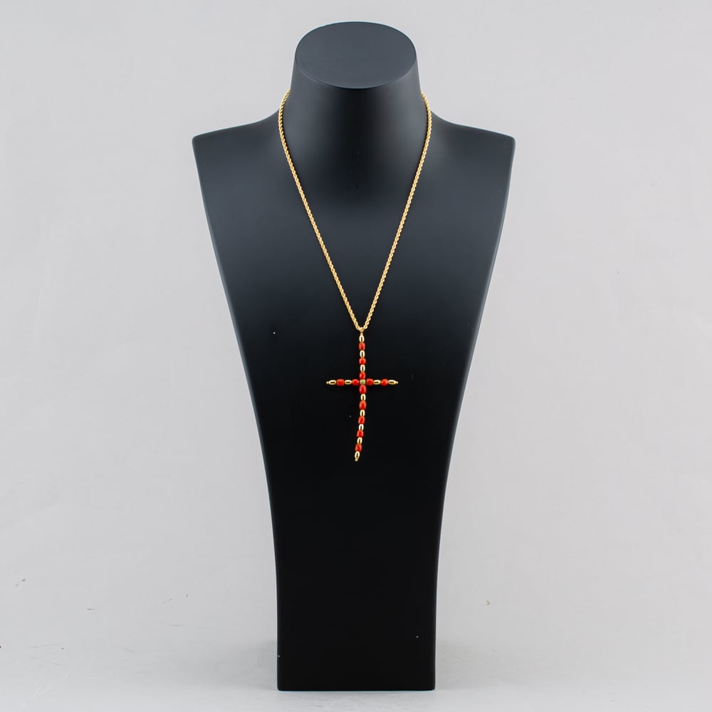 Pre-Owned Vintage 9ct Yellow Gold Coral Bead Set Cross Pendant & 18 Inch Rope Chain 41143659