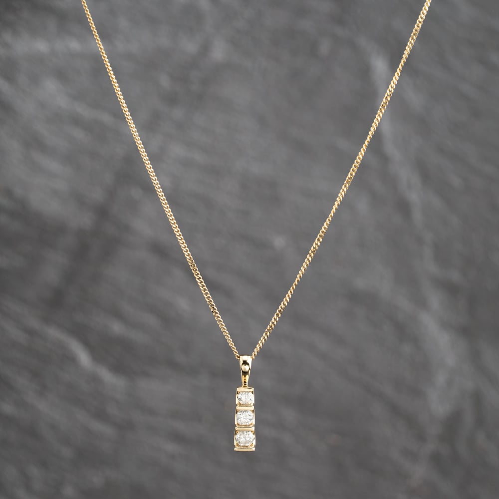 Pre-Owned 9ct Yellow Gold Diamond Set Trilogy Pendant &amp; 18 Inch Curb Chain 41143665