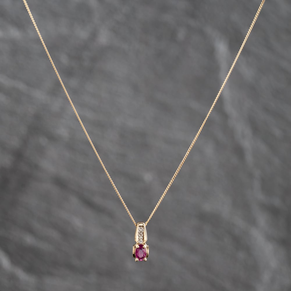 Pre-Owned 9ct Two Colour Gold Ruby &amp; 0.01ct Diamond Pendant &amp; 18 Inch Curb Chain 41143670