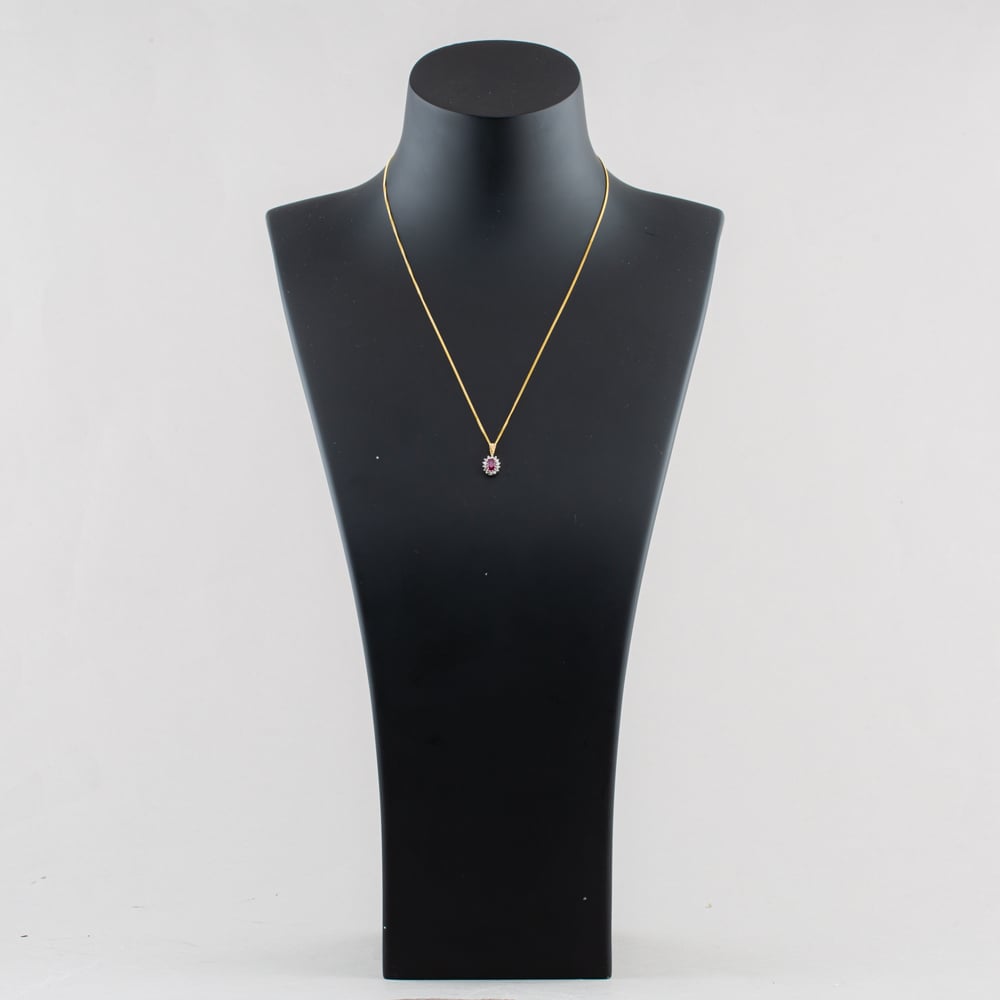 Pre-Owned 9ct Yellow Gold Ruby & 0.08ct Diamond Oval Cluster Pendant & 18 Inch Curb Chain 41143671
