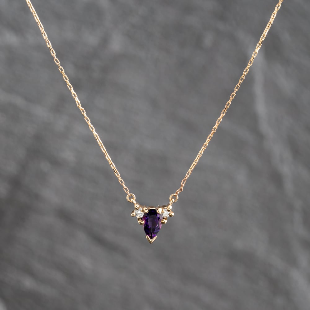 Pre-Owned 9ct Yellow Gold Amethyst &amp; 0.06ct Diamond Three Stone Pendant &amp; 16 Inch Trace Chain 41143672